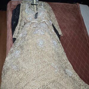 Jovani Champagne Embellished Long Sleeve A Line Evening Gown 62701